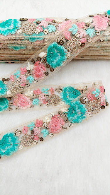 9 Yards Blue and Pink Soft Net Lace Trim Floral Embroidery and Gold Sequins, Floral Sari Border, Decorative Trim